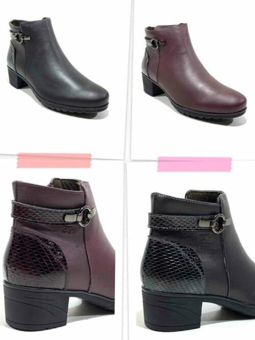 Botines de mujer en color negro y burdeos, con diseño elegante y tacón medio. Detalles en piel y hebilla decorativa, ideales para el uso diario y ocasiones especiales.