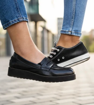 Dos zapatos en primer plano, uno negro tipo mocasín y otro negro deportivo con suela blanca, ambos llevados por una persona de pie sobre una superficie pavimentada.